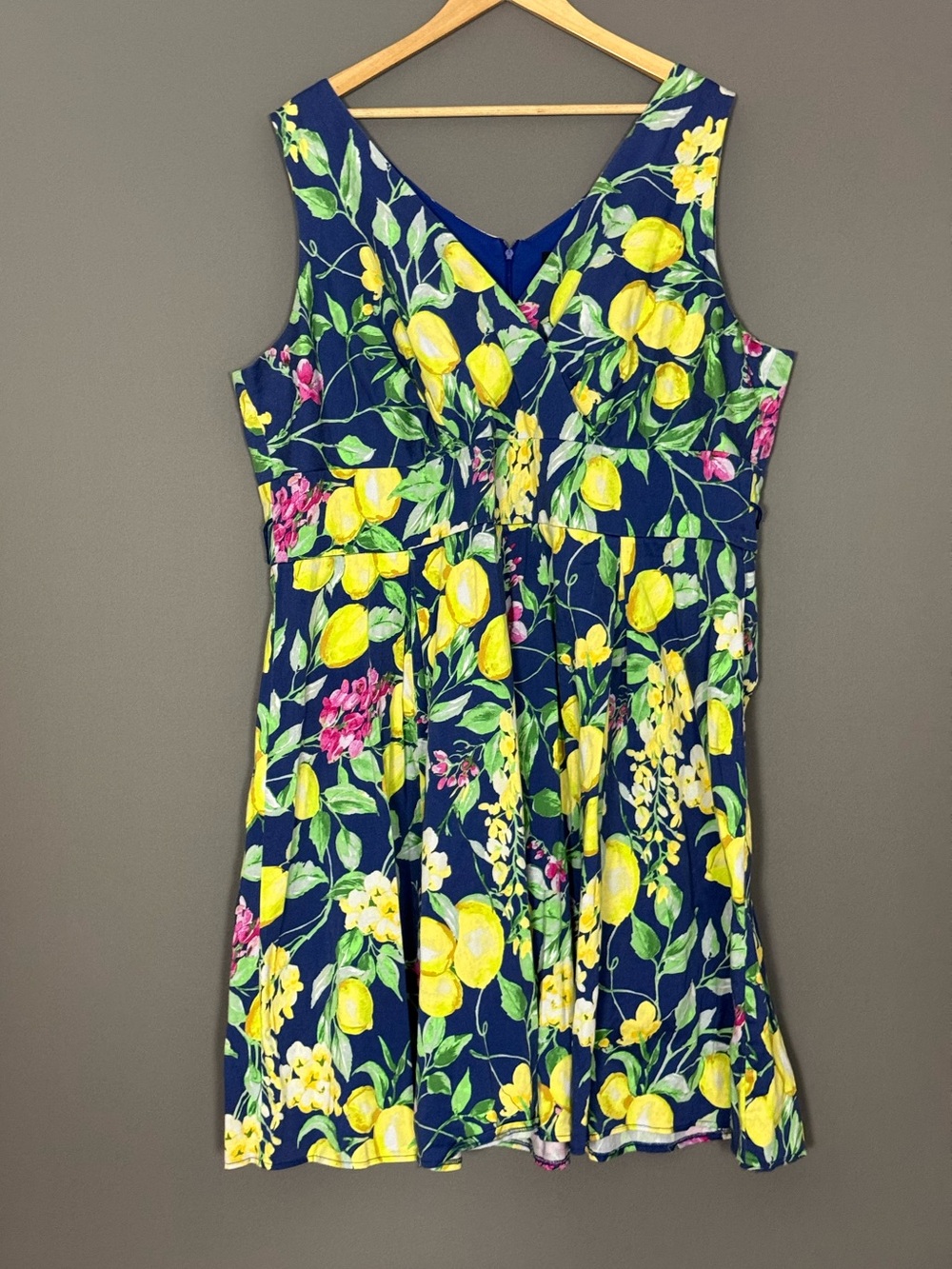 Roz & Ali lemon fruit print fit flare v-neck dress blue sleeveless plus 24
